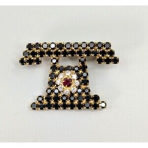 Vintage Telephone Rhinestone Brooch Black Gold Tone Rotary Old School Novelty